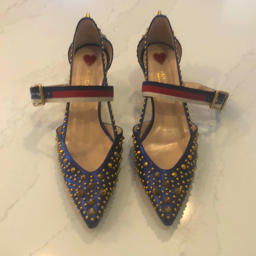 Gucci Blue Metallic Studded Pump w/ Bamboo Heel